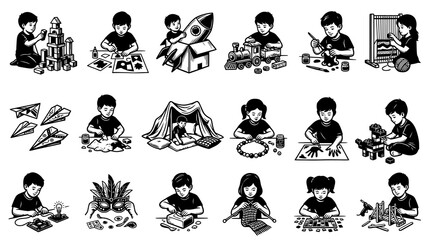 Fototapeta premium Children's Creative Play Learning Activities: Black White Line Art Illustrations