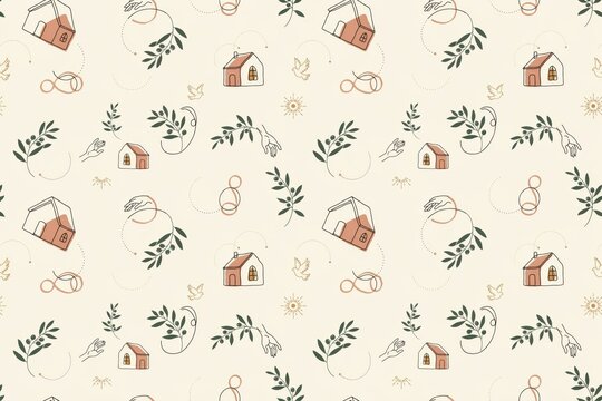Seamless pattern featuring minimalist line houses, olive branches, and abstract shapes on a light beige background, for home decor textiles