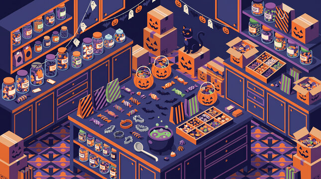 Isometric Halloween Candy Sorting Kitchen