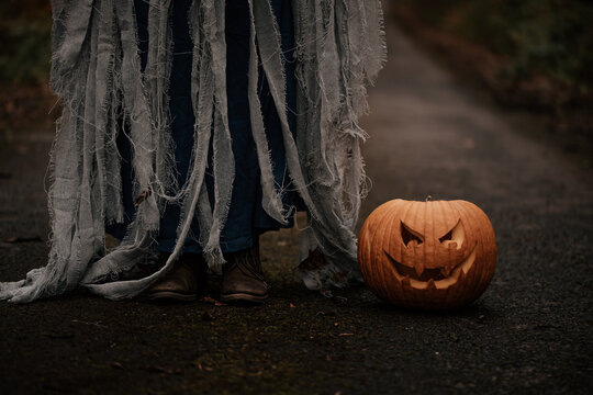 Spooky and scary Halloween themed image in a dark forest. 