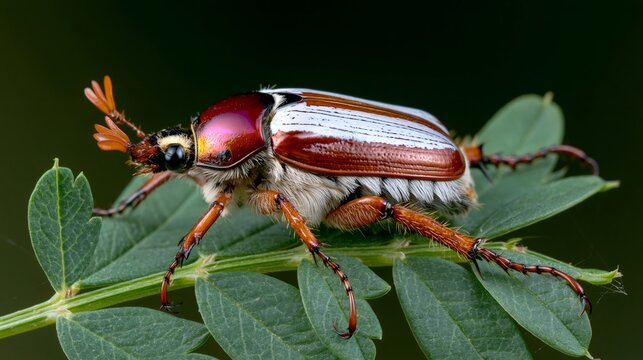 Cockchafer beetle resting on green leaf macro view