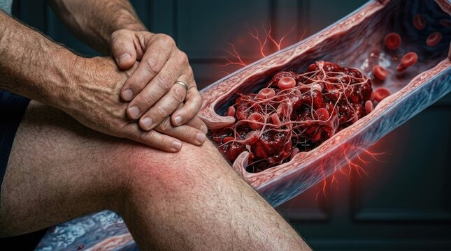 Circulatory system ailment: deep thrombosis, vessel blockage, blood clot, leg ache, human pain, vascular disease, fibrin mesh, red cell, body discomfort, vein lumen.