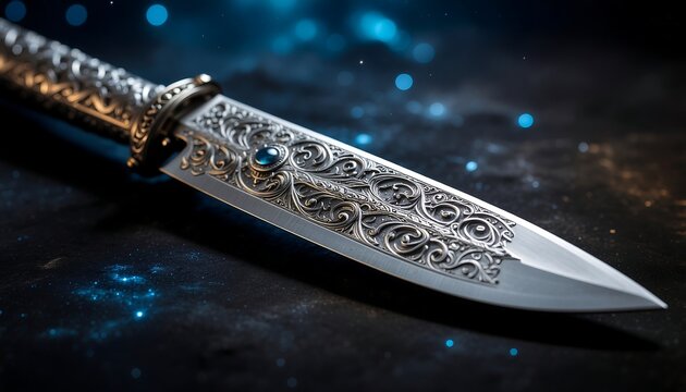 A meticulously crafted ornate dagger with intricate silver detailing, set against a dark, mystical backdrop with glowing blue particles