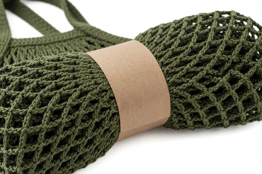 Close-up view of green knitted string bag with brown paper band. Mesh tote bag promotes eco-friendly shopping reusable shopper durable accessory for market groceries.
