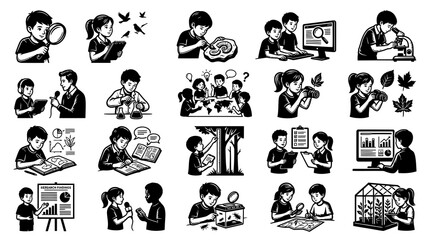 Fototapeta premium Children Learning Science: Magnifying Glass, Microscope, Botany, Computer