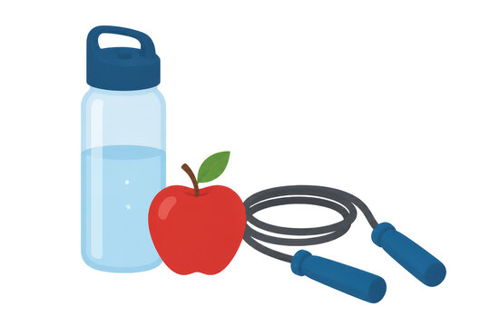 Water bottle apple and jump rope illustration