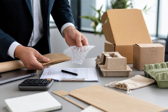 eco business tax strategy. Person reviewing eco-friendly packaging samples and sustainable materials on a desk with boxes and calculator.