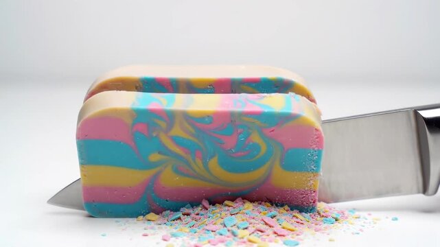 Knife cutting a block of colored soap. Piece of multi-colored artisan soap being sliced into parts. Satisfying handmade soap crafting and process for hobbyist.
