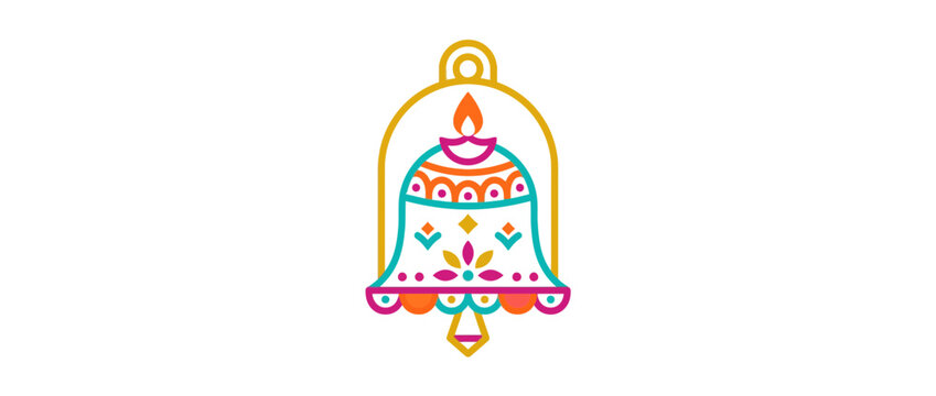 Colorful Indian Temple Bell Illustration with Diya Oil Lamp for Diwali Decoration and Spirituality