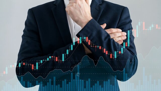 Businessman contemplating financial graph overlay during market analysis with soft studio lighting and shallow depth of field