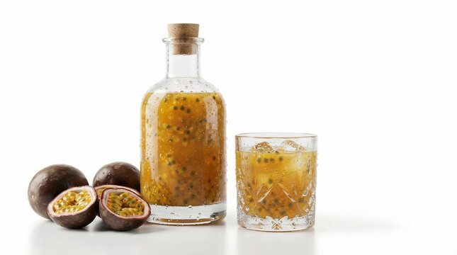 Passion fruit drink bottle and glass with fresh fruit