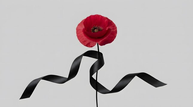 A single red poppy flower with a flowing black ribbon isolated on a plain grey background for solemn remembrance day commemoration
