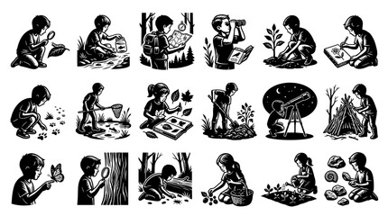 Obraz premium Black White Line Art Kids Exploring Nature: Magnifying Glass, Butterfly, Camping, Gardening