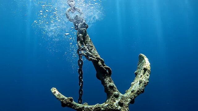 Rusty ship anchor sinking underwater with rising air bubbles and sun rays