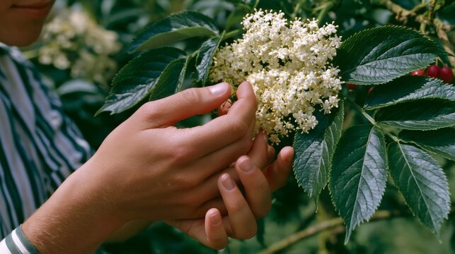 Person harvesting elderberry flowers for herbal medicine