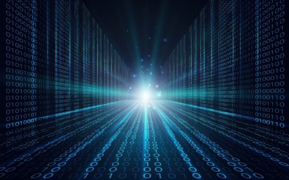Abstract digital background with binary code stream and glowing light tunnel