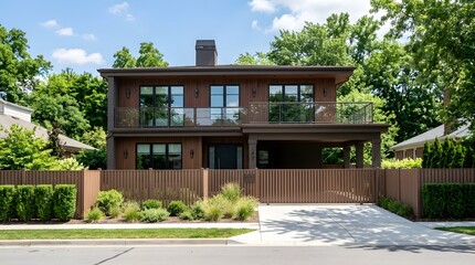 Fototapeta premium Modern two-story house with brown exterior and fenced yard on sunny day