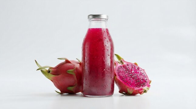 Refreshing dragon fruit juice in clear bottle surrounded by fresh fruit