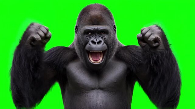 Realistic Gorilla raising hands and cheering joyfully, victorious business success and winning celebration concept isolated on chroma key green screen background. 3D.