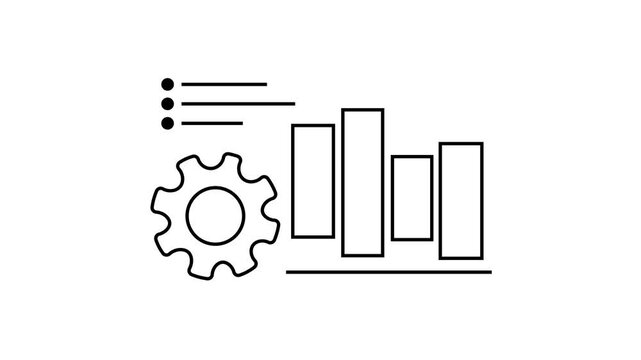 The video displays a 2D line-art animation featuring a black outline icon set against a plain white background. The composition includes a gear icon on the left and a four-bar chart on the right.