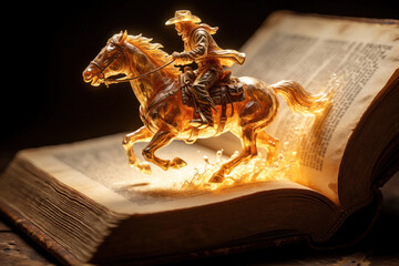 Fototapeta premium Golden cowboy figurine riding horse emerges from open book. Magical light glows from pages creating fantasy scene. Creative storytelling art piece with intricate details, glowing amber effect.