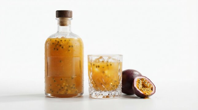 Refreshing passion fruit drink and ingredients on white background