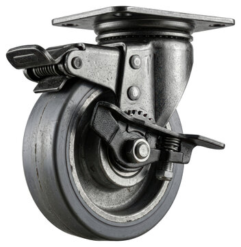 Industrial swivel caster wheel with locking brake cutout on transparent background