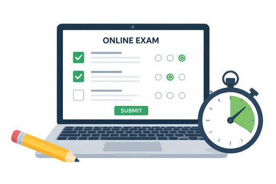 Laptop displaying online exam interface and stopwatch