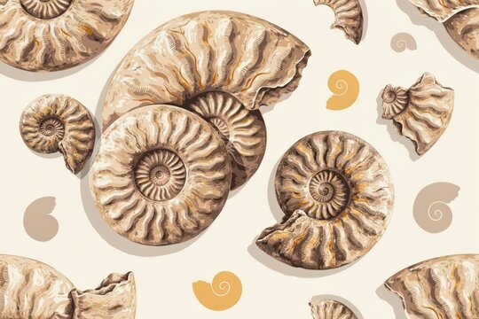 Seamless pattern featuring multiple brown spiral ammonite fossils illustrated on a light cream background, with soft shadows, and organic shapes