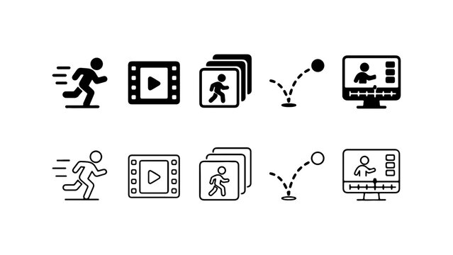 Animation Process and Motion Graphics Icon Set in Silhouette and Outline Style