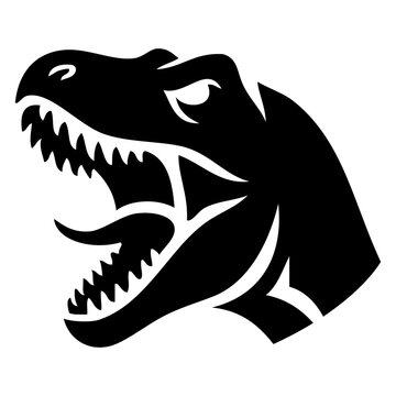 Logotipo animal jur&aacute;sico. Icono con dibujo sencillo con la silueta de la cabeza de un dinosaurio depredador tipo Tyrannosaurus rex, con la boca abierta rugiendo visto de perfil 