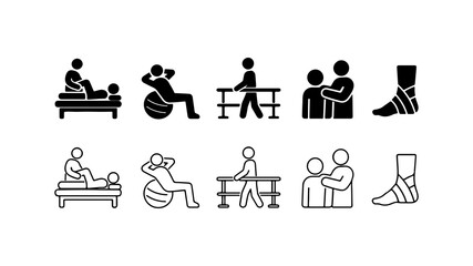 Fototapeta premium Physical Therapy Icon Set in Solid Silhouette and Linear Outline Style