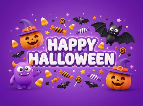 Happy Halloween 3D greeting card with cute pumpkins, monster, bats and candy on purple