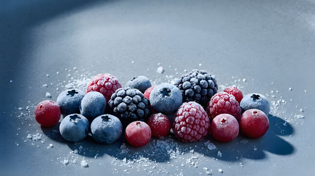 Frozen berries with sugar crystals on icy background. Perfect for food blogs, summerthemed designs, and healthy lifestyle content.