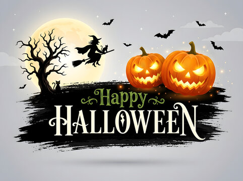 Happy Halloween greeting card with glowing jack-o-lanterns and witch silhouette.