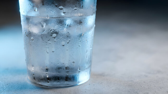Cold condensation water drops on frosted glass with liquid cubes, perfect for refreshing chilled beverages or icecold drinks. Suitable for beverage ads.