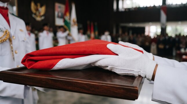 Ceremonial folding of the national flag by honor guard in white uniforms