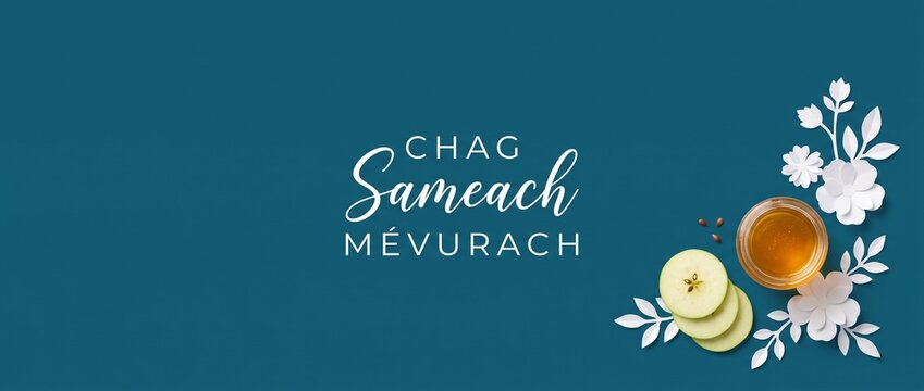 Rosh Hashanah Jewish holiday greeting with honey apple and paper cut flowers on blue background for Jewish New Year celebration card banner template copy space background wallpaper concept text