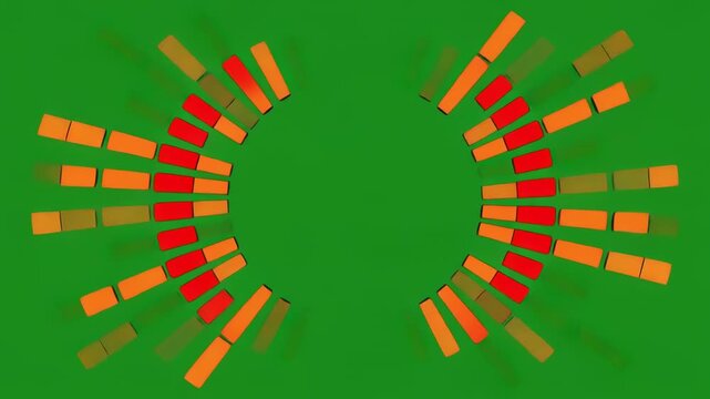 Abstract digital pattern of growing orange bars in a circular motion on green background with black space