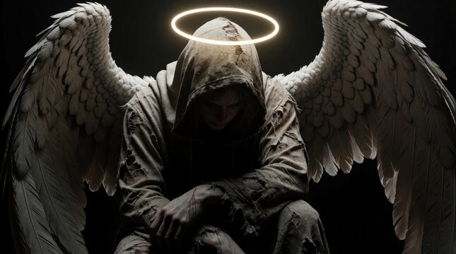Sad hooded figure wears tattered clothes with large white wings. A glowing halo hovers above its head against a dark backdrop. Concept art for fallen angel or divine being.