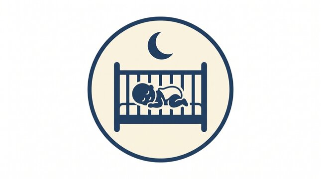Sleeping Infant Icon, Baby in Crib Sign, Sleepy Time Symbol, Child Resting in Cot, Daycare Round Logo, Blue Nursery Vector Illustration, Toddler Sleeping Silhouette