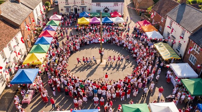Aerial view of a traditional maypole dance festival in a small town square