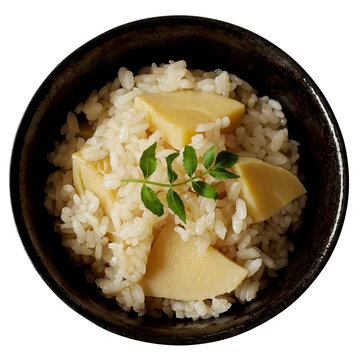 たけのこご飯 1杯の真上切り抜き。春の味覚・自家製の手作り炊き込みご飯・和食の家庭料理やメニュー用フードデザイン素材