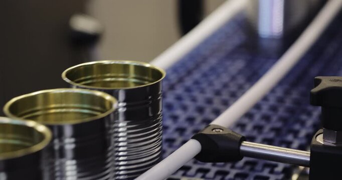 Grouped metal food cans advance along guided conveyor in modern packaging plant. Automated line maintains spacing as carrying containers toward filling stage