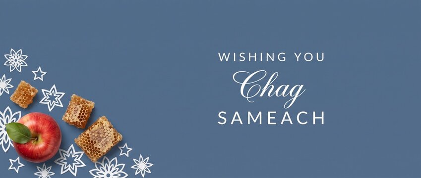 Rosh Hashanah apple honey banner Chag Sameach Jewish New Year greeting card template on blue background with honeycomb, red apple, paper flowers, and copy space for holiday celebration banner card.