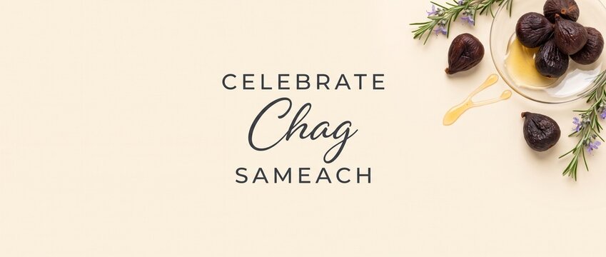 Chag Sameach Jewish Holiday Banner with Figs Honey Rosemary Flat Lay background for Rosh Hashanah Sukkot Passover celebration, elegant minimalist top view layout with copy space for web headers.