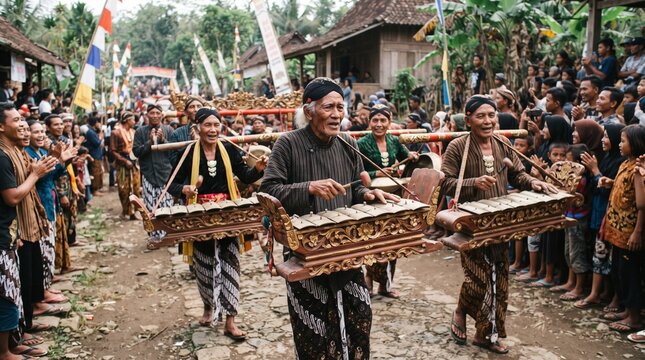 Traditional musicians performing javanese gamelan music during local cultural