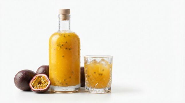 Tropical fruit juice beverage bottle and glass with fresh fruit on white background
