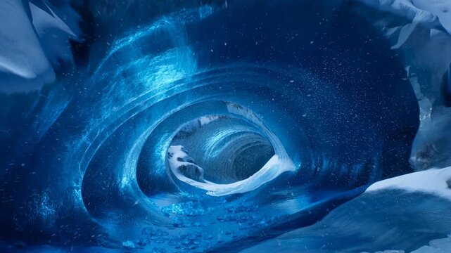 Inside blue glacier ice cave spiral tunnel with snowfall