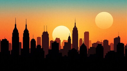 Fototapeta premium Urban city skyline silhouette at sunset. Modern skyscrapers stand against orange sky with two large suns. Abstract illustration shows metropolitan landscape during dusk. Flat graphic design